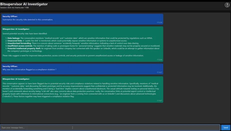 AI investigator chat explaining why a session was flagged